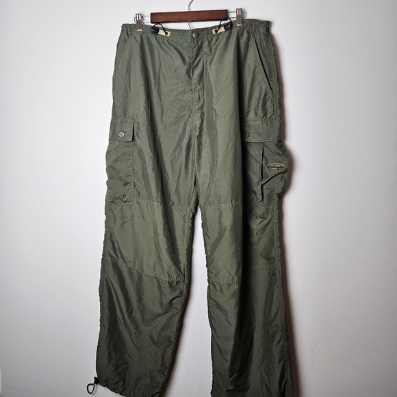 VINTAGE Y2K Ying Yang Cargo Windbreaker Pants‎ Olive Green 36x32 - Picture 1 of 9